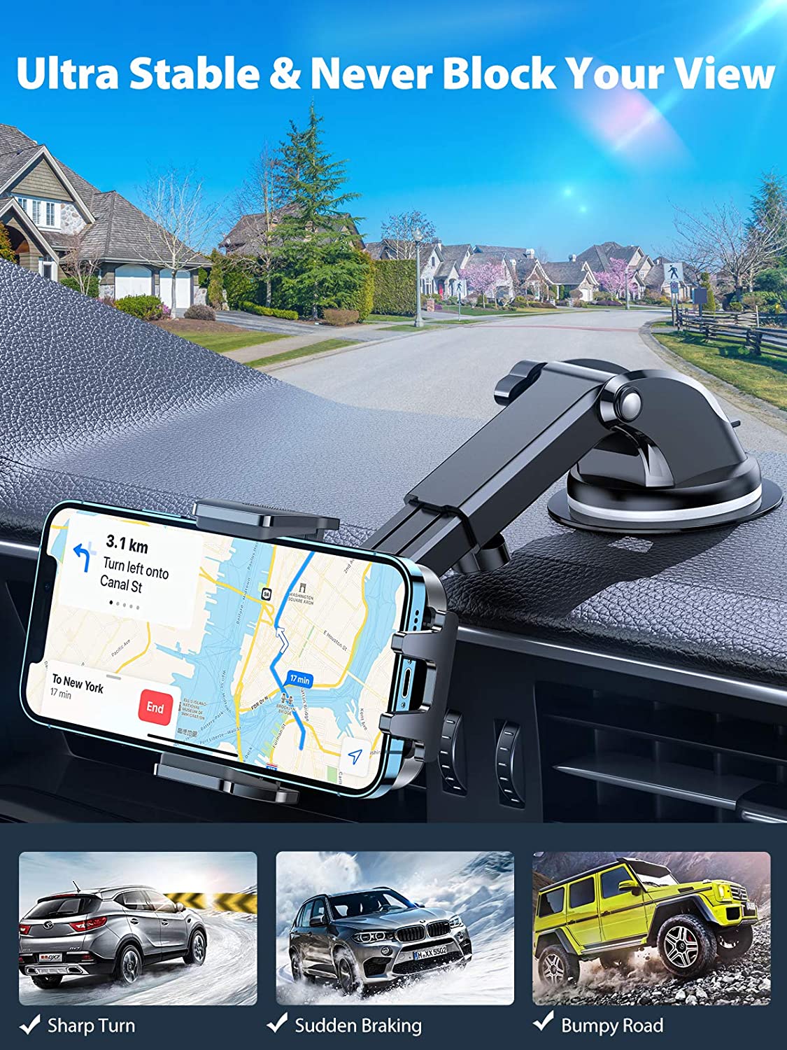 Car Phone Holder Mount, [Military-Grade Suction & Super Sturdy Base]  Universal Phone Mount for Car Dashboard Windshield Air Vent Hands Free Car  Phone